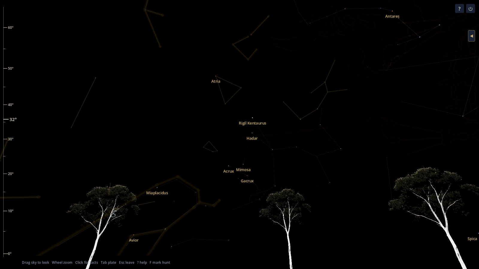 Pale gum trees on an Australian horizon in Night Atlas, with the Southern Cross stars Acrux, Mimosa, and Gacrux.
