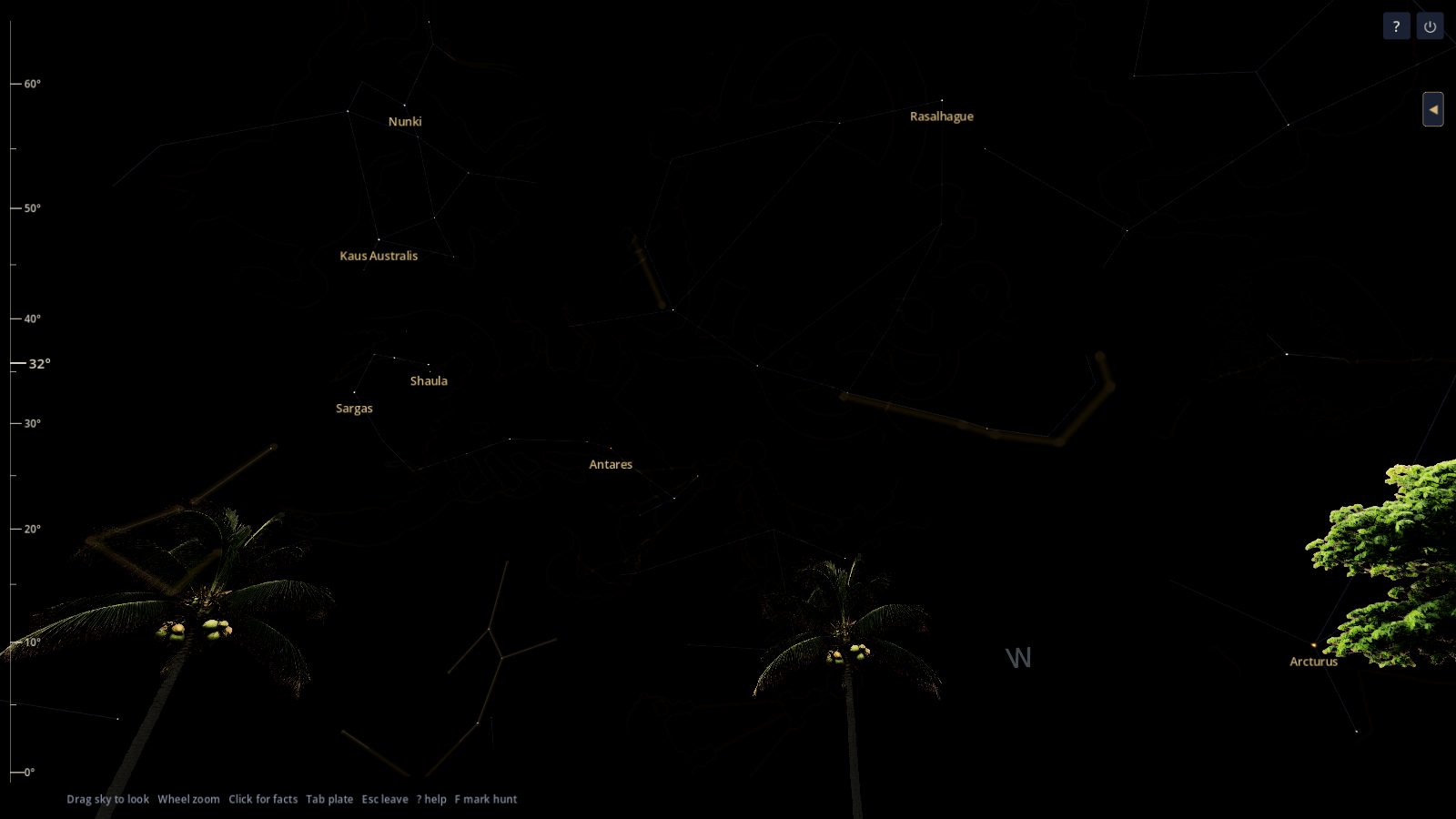 Palms and a large rainforest tree on a Costa Rica horizon in Night Atlas, with Scorpius and Antares above.