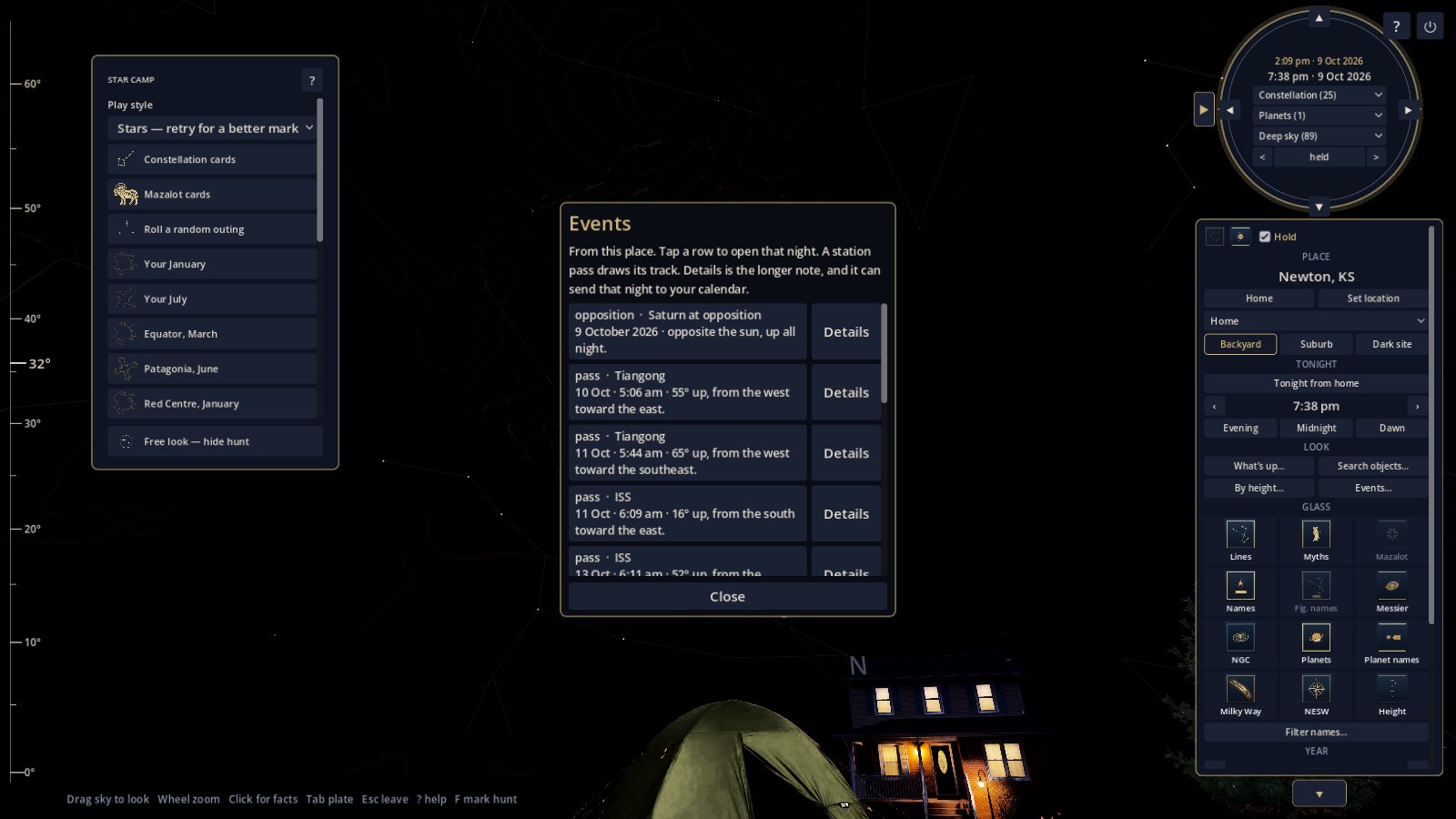 The Events list in Night Atlas for Newton, Kansas, showing Saturn at opposition on 9 October 2026 and passes of Tiangong and the ISS.