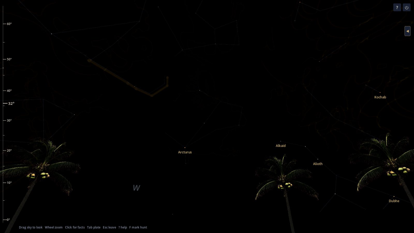 Palm trees with coconuts along a Hawaiian horizon in Night Atlas, with Arcturus and the Big Dipper in the sky.