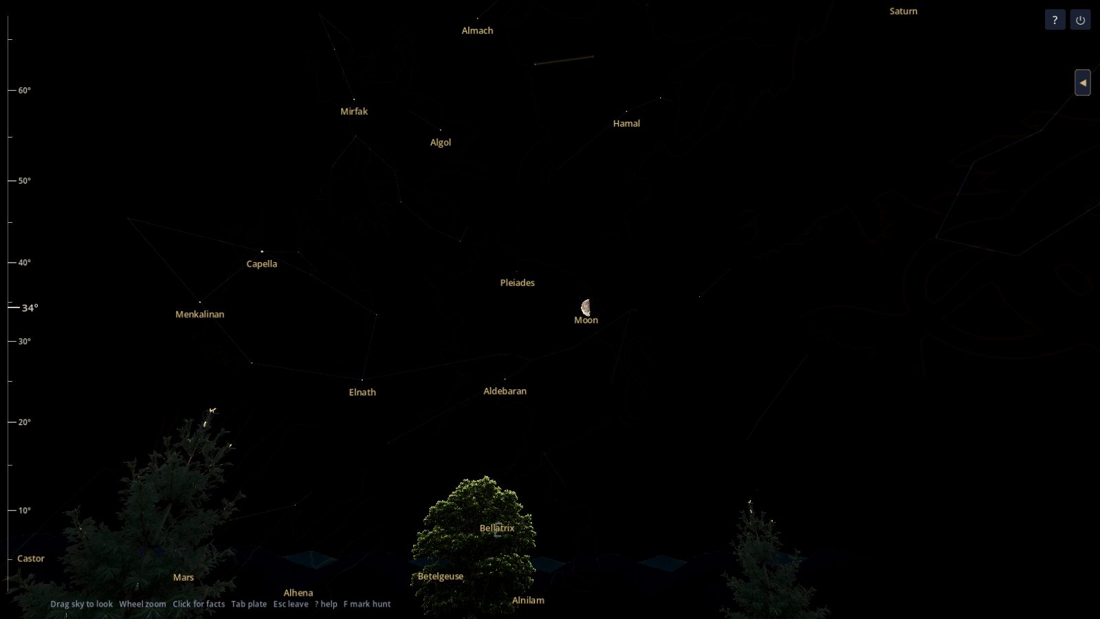 A crescent Moon in Night Atlas near the Pleiades and Aldebaran, with Saturn high in the sky and Mars low on the horizon, over oak and pine trees.