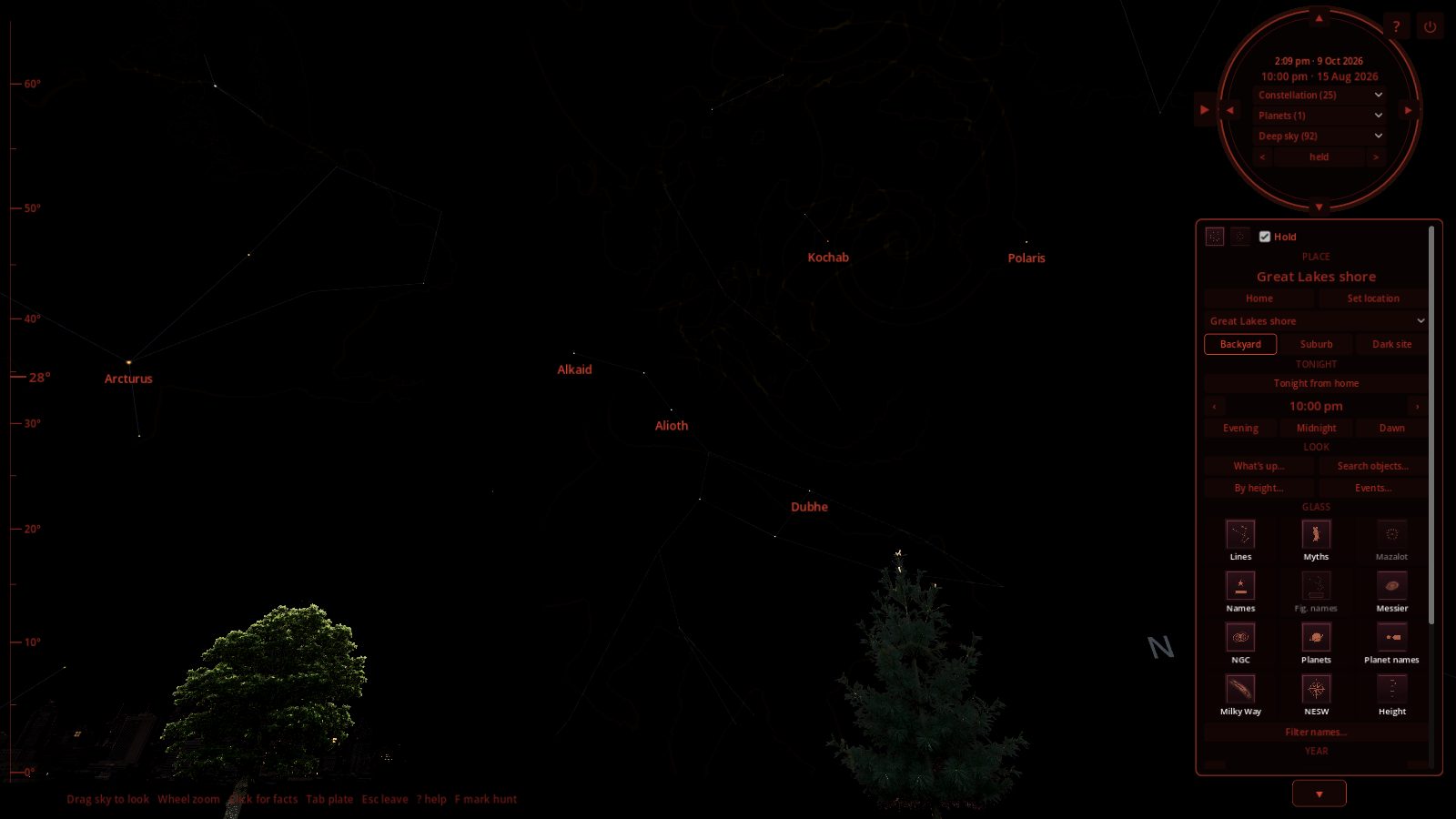 Night Atlas in night vision, with red menus, a red clock, and red star names over the Big Dipper, an oak, and a pine.