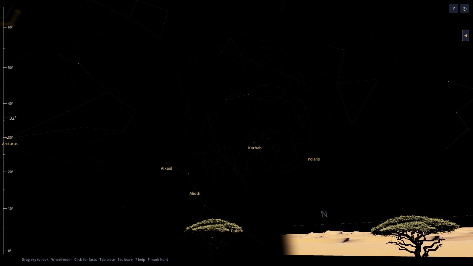 Sand dunes and flat-topped acacia trees on a Sahara horizon in Night Atlas, with Polaris and the Big Dipper above.