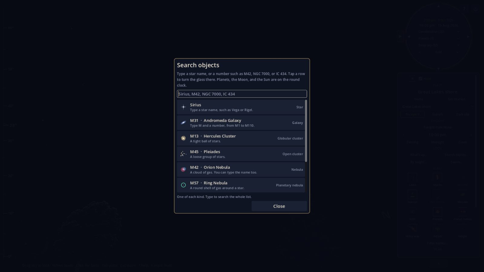Search objects in Night Atlas, with one example of each kind: Sirius the star, the Andromeda Galaxy, the Hercules Cluster, the Pleiades, the Orion Nebula, and the Ring Nebula.