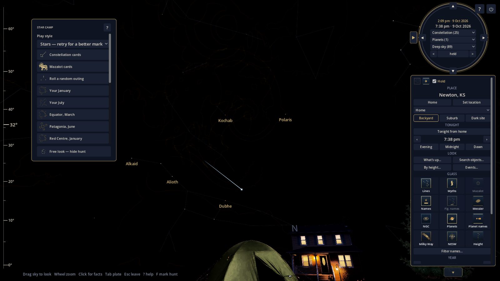 Star Camp in Night Atlas at a home in Newton, Kansas, with constellation cards, Mazalot cards, and a meteor streak near the Big Dipper.