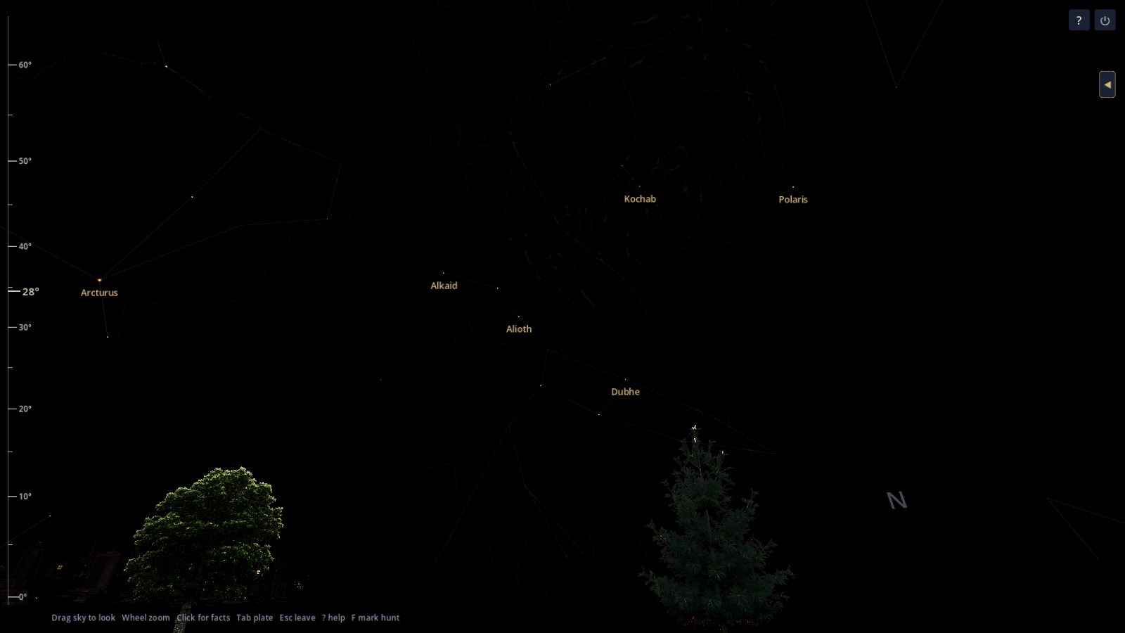Night Atlas showing the Big Dipper, with Alkaid, Alioth, and Dubhe, plus Arcturus, Kochab, and Polaris, over an oak and a pine at the Great Lakes shore.